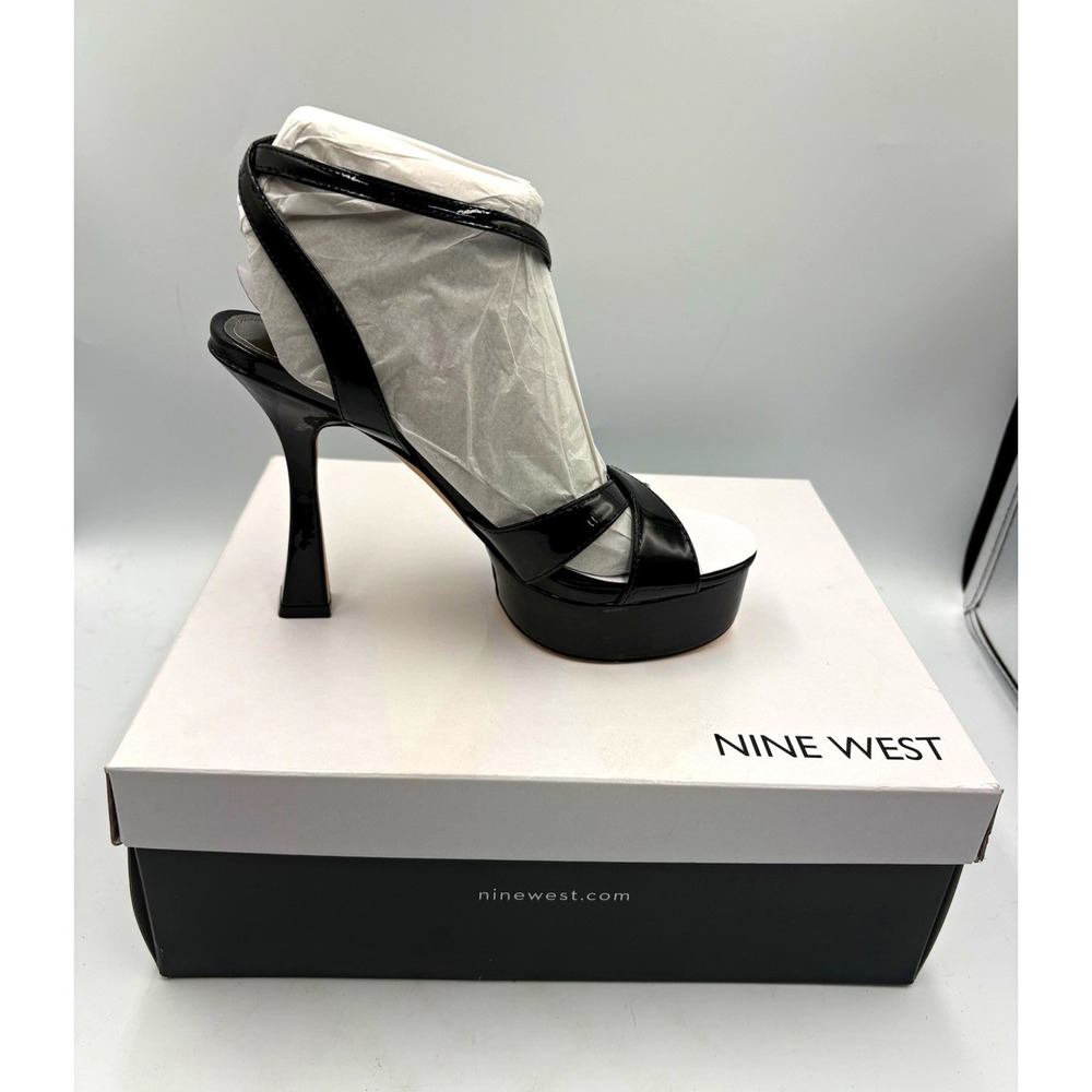 Nine West Black Faux Leather Strappy Open Toe Platform Heel Women's US 6M